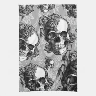 Linge De Cuisine Motif noir et blanc de crâne de rose, tiré par l