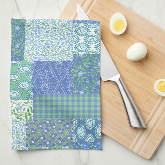 Linge De Cuisine Motif patchwork faux fleuri bleu pervenche boho (Quart Plié)
