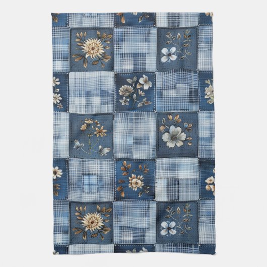 Linge De Cuisine Motif patchwork floral | Denim bohème (Vertical)