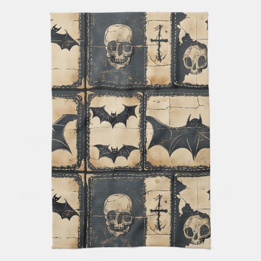 Linge De Cuisine Motif patchwork Halloween en denim rustique (Vertical)