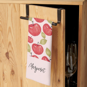 Linge De Cuisine Motif Pomme Aquarelle Monogramme Peint à la Main