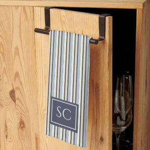 Linge De Cuisine Motif rayé bleu marine et crème avec monogramme