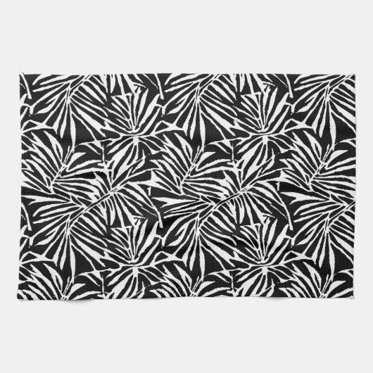 Linge De Cuisine Motif Répétant à feuilles tropicales noires et bla (Horizontal)