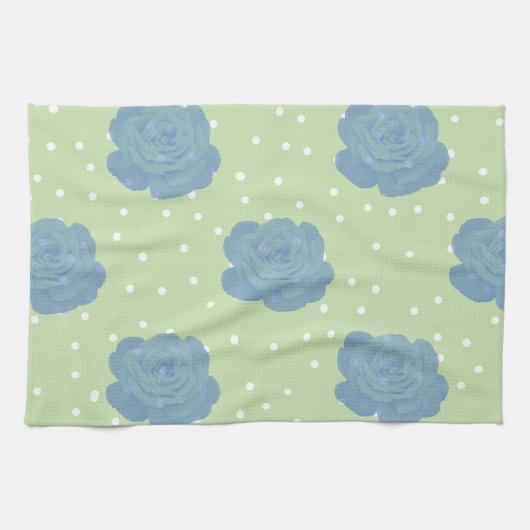 Linge De Cuisine Motif rose bleu sur fond vert (Horizontal)