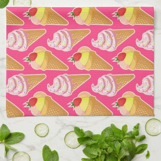 Linge De Cuisine Motif rose Kawaii avec crème glacée aux fraises (Plié)