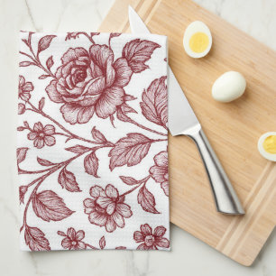 Linge De Cuisine Motif Rose Vintage rouge foncé