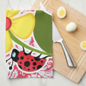 Linge De Cuisine Motif rouge de damassé ; Coccinelle (Quart Plié)