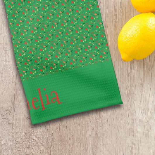 Linge De Cuisine Motif rouge jaune mini fleur sauvage vert