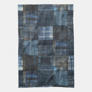 Linge De Cuisine Motif sans couture en patchwork de denim indigo