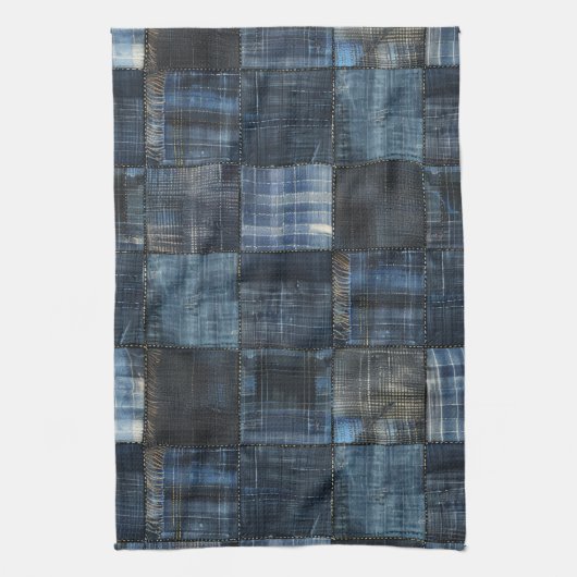 Linge De Cuisine Motif sans couture en patchwork de denim indigo (Vertical)