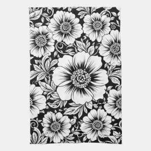 Linge De Cuisine Motif sans couture floral vintage noir et blanc (2