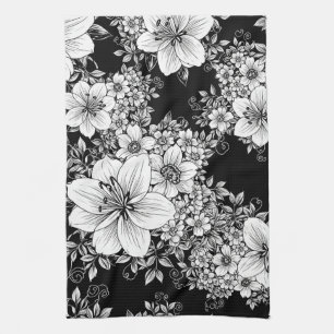 Linge De Cuisine Motif sans couture floral vintage noir et blanc (3