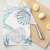 Linge De Cuisine Motif Seashell Starfish Bleu Et Turquoise (Quart Plié)