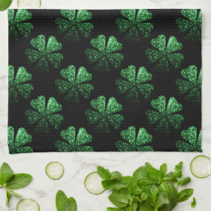 Linge De Cuisine Motif Shamrock brillant vert foncé sur noir