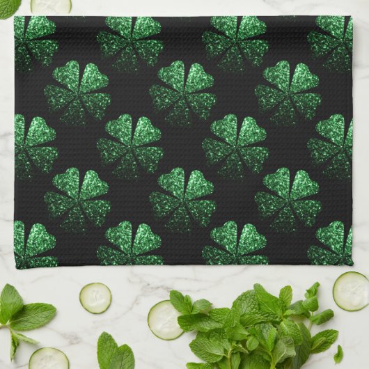 Linge De Cuisine Motif Shamrock brillant vert foncé sur noir (Plié)
