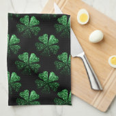 Linge De Cuisine Motif Shamrock brillant vert foncé sur noir (Quart Plié)