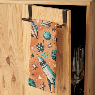Linge De Cuisine Motif spatial de fusée rétro en terre cuite et sar