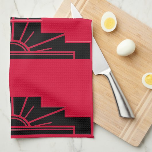 Linge De Cuisine Motif Sunburst Art Déco en rouge et noir (Quart Plié)