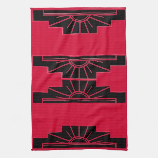 Linge De Cuisine Motif Sunburst Art Déco en rouge et noir (Vertical)
