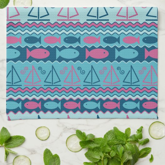 Linge De Cuisine Motif Super Fun Fish And Sailboat (Plié)