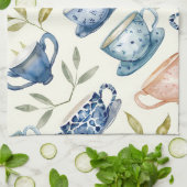 Linge De Cuisine motif tasses à thé bleu rose aquarelle (Plié)