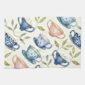 Linge De Cuisine motif tasses à thé bleu rose aquarelle (Horizontal)