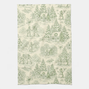 Linge De Cuisine Motif Toile de Village d'Hiver Vert Doux