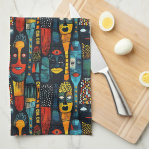Linge De Cuisine Motif tribal africain avec idoles.