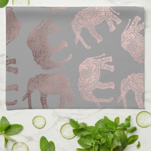 Linge De Cuisine motif tribal d'éléphant d'or rose clair élégant (Plié)