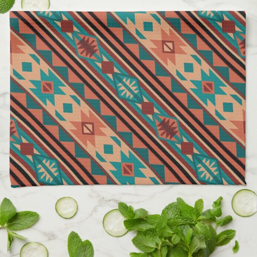 Linge De Cuisine Motif Tribal Sud-Ouest Turquoise Terracotta (Plié)