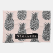 Linge De Cuisine Motif Tropical Grey & Rose Ananas Avec Nom (Horizontal)