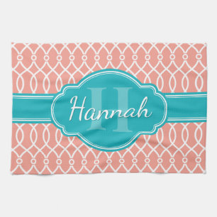 Linge De Cuisine Motif Turquoise Monogramme rose blanc élégant