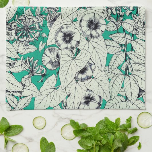 Linge De Cuisine Motif vert Turquoise blanc de fleurs graphiques (Plié)