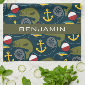 Linge De Cuisine Motif viril de pêcheur avec le nom fait sur (Plié)