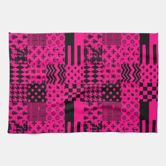 Linge De Cuisine Motifs mélangés rose noir (Horizontal)