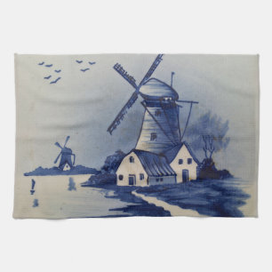 Linge De Cuisine Moulin à vent bleu blanc de Delft vintage