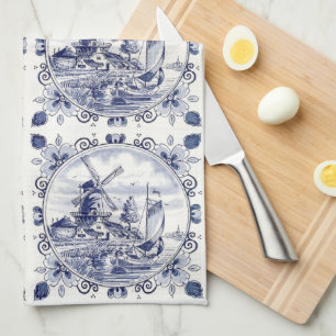 Linge De Cuisine Moulin à vent hollandais bleu de Delft chic vintag