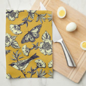 Linge De Cuisine Moutarde Jaune et Oiseaux de la Marine, Papillons  (Quart Plié)