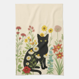 Linge De Cuisine Nature botanique – Chat noir dans un jardin de fle