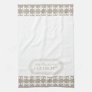 Linge De Cuisine Naturel  Monogramme Motif blanc Fleur de Lis