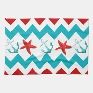 Linge De Cuisine Nautical Beach Rouge Turquoise Chevron Ancres Star