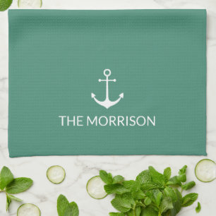 Linge De Cuisine Nautical Custom Boat Name ancre blanche aquamarine
