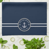 Linge De Cuisine Nautical Marine Blue Boat Nom Ancre corde (Plié)