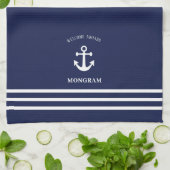 Linge De Cuisine Nautical Navy Blue Welcome Aboard Nom du bateau An (Plié)