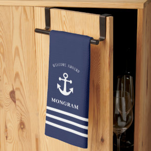 Linge De Cuisine Nautical Navy Blue Welcome Aboard Nom du bateau An