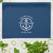 Linge De Cuisine Nautical Navy Blue Welcome Aboard Nom du bateau An (Plié)