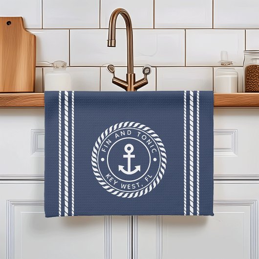 Linge De Cuisine Nautical Navy Blue & White Ancre Nom du bateau