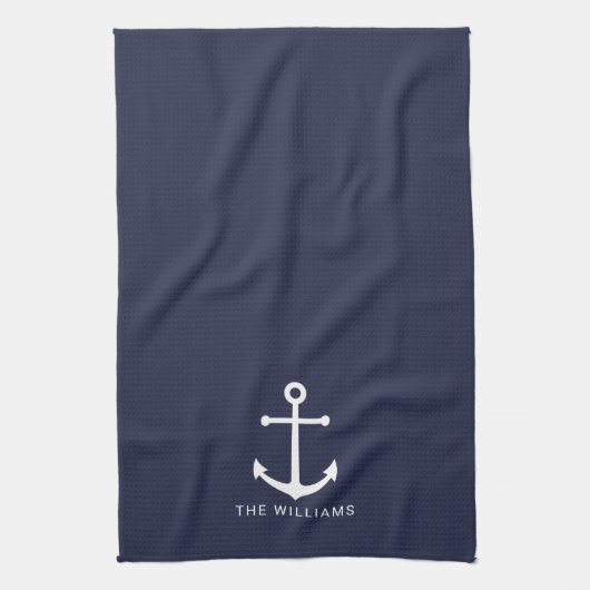 Linge De Cuisine Nautical White Anchor and Custom Nom on Navy Blue (Vertical)