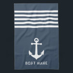 Linge De Cuisine Nautique Ancre Vintage Nom du bateau Marine Blue G<br><div class="desc">Ancre Vintage nautique personnalisée avec votre nom de bateau personnalisé sur une serviette de cuisine bleu marine gris.</div>