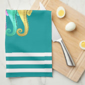 Linge De Cuisine Nautique aqua/rose/bleu/or hippocampe de plage (Quart Plié)